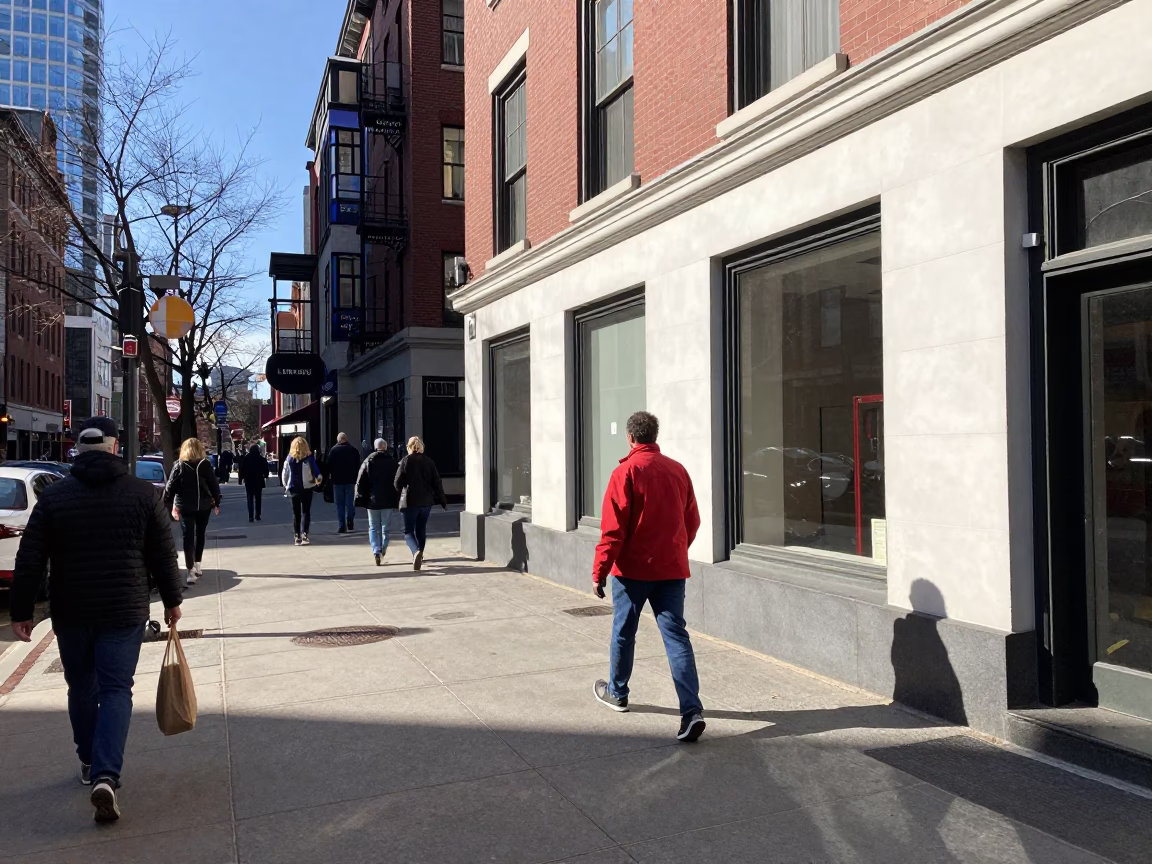 Bright Midmorning Street Scene in Boston Massachusetts with Pedestrians and City Architecture in in Boston, Massachusetts, United States