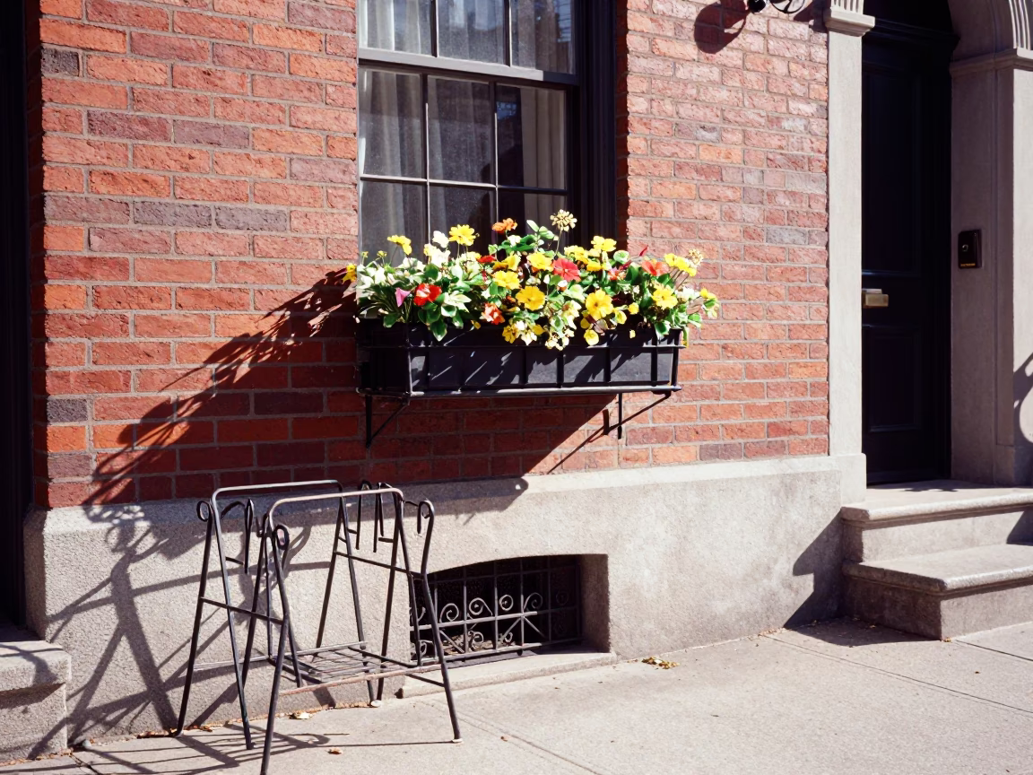 Bright Midmorning Street Scene in Boston Massachusetts with Window Box and Magazine Rack in in Boston, Massachusetts, United States
