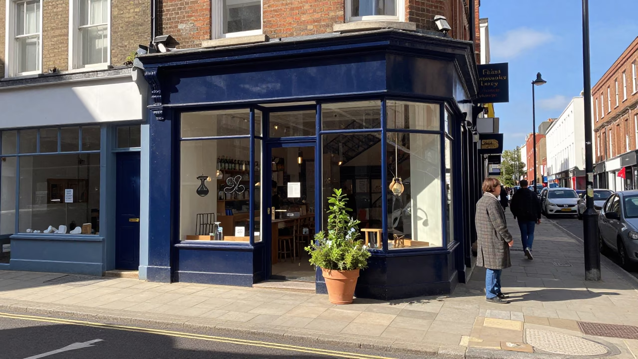 Bright Midmorning Street Scene in Bristol UK With Local Shop Displays in in Bristol, United Kingdom