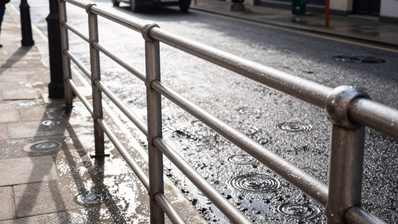 Bright Midmorning Street Scene in Bristol UK with Water Rings on Rail in in Bristol, United Kingdom