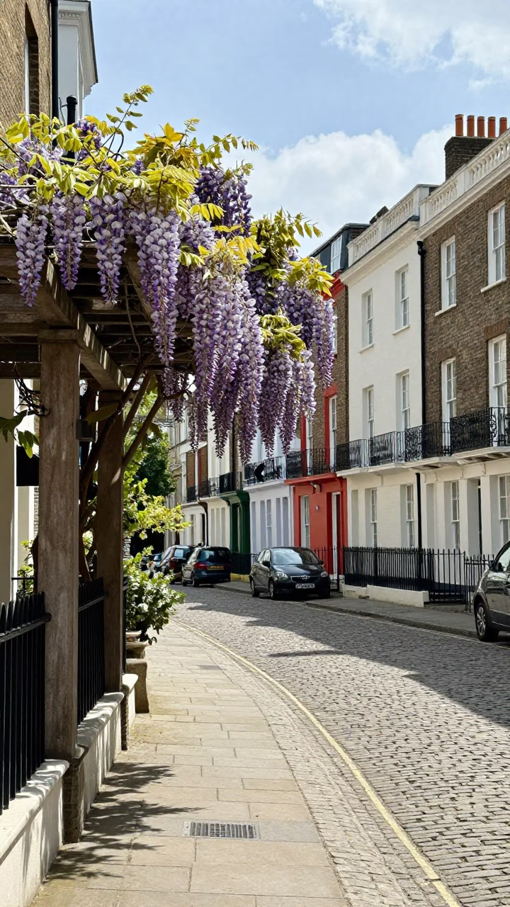 Bright Midmorning Street Scene in Bristol UK with Wisteria and Urban Life in in Bristol, United Kingdom