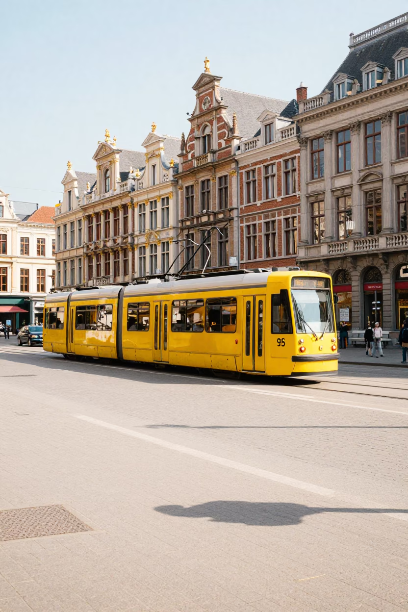 Bright Midmorning Street Scene in Brussels Belgium Featuring Yellow Tram and Cobblestone Plaza in in Brussels, Belgium