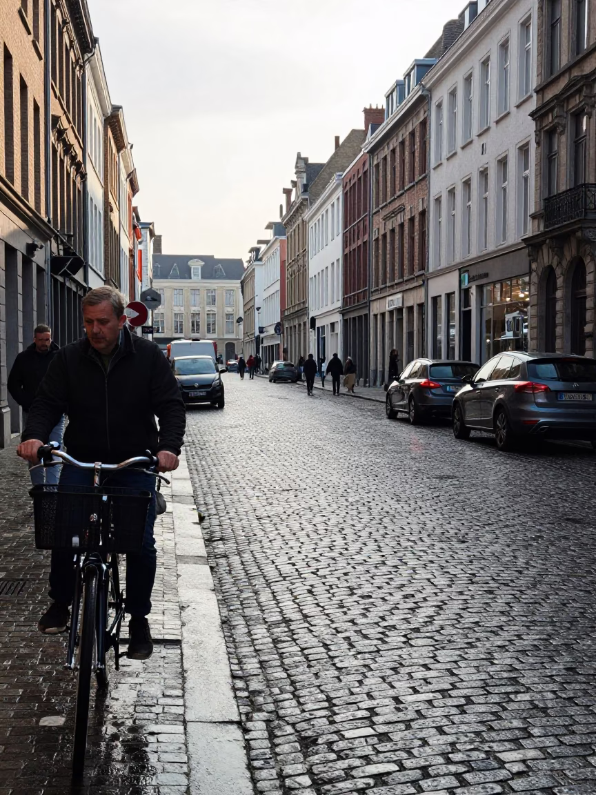 Bright Midmorning Street Scene in Brussels Belgium with Cobblestones and Bicycles in in Brussels, Belgium