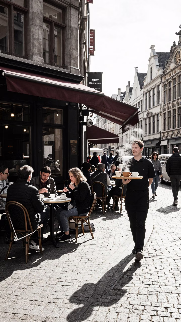 Bright Midmorning Street Scene in Brussels Belgium with Local Café Detail in in Brussels, Belgium