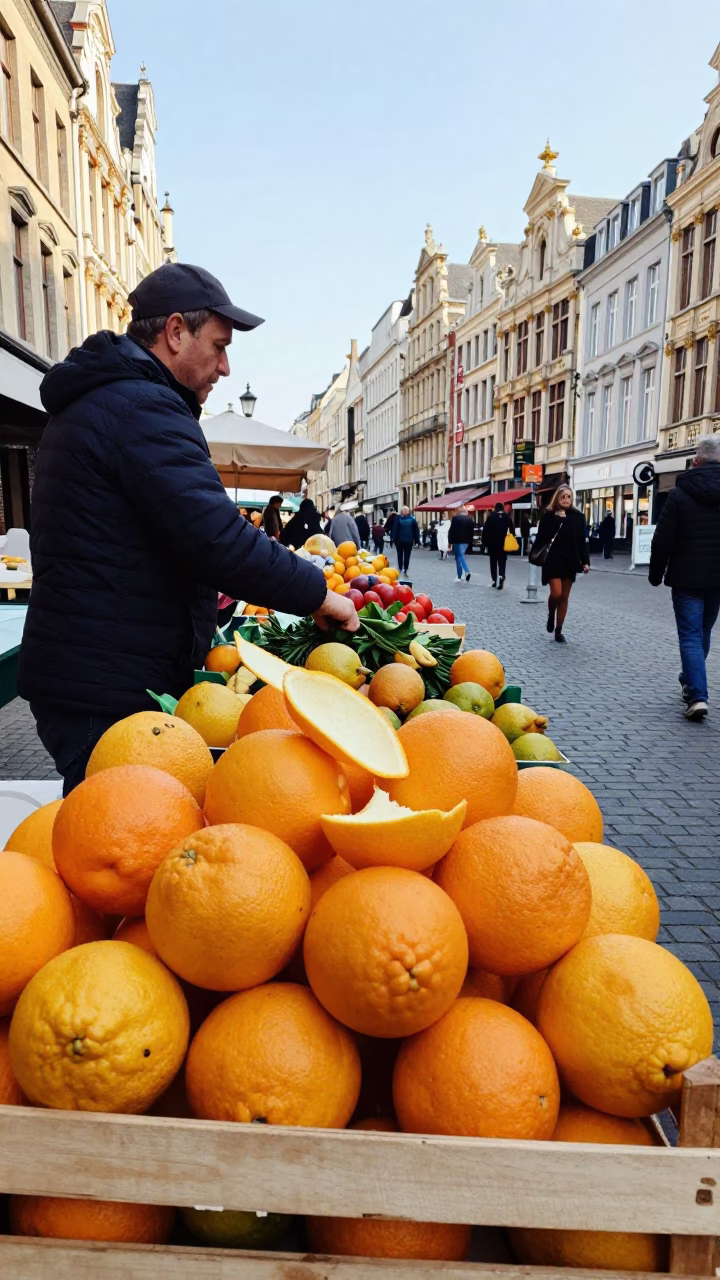 Bright Midmorning Street Scene in Brussels Belgium with Local Market Details in in Brussels, Belgium