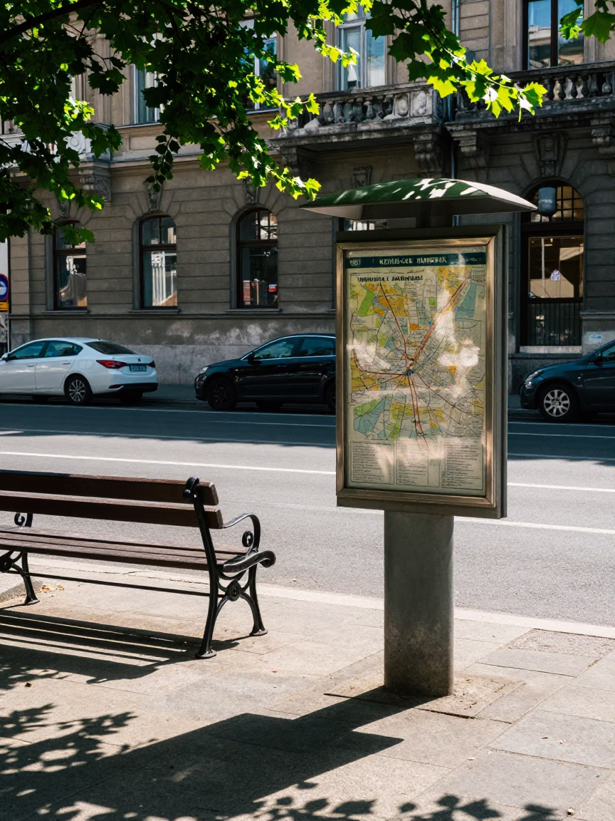 Bright Midmorning Street Scene in Budapest Hungary with Leaf Shadows and Brushed Steel Reflections in in Budapest, Hungary