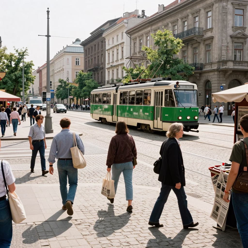 Bright Midmorning Street Scene in Budapest Hungary with Local Life in in Budapest, Hungary