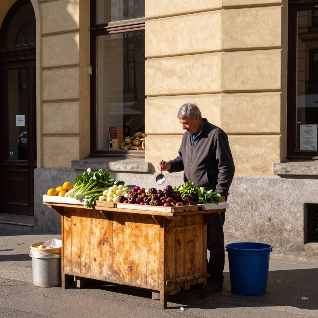 Bright Midmorning Street Scene in Budapest Hungary with Local Market Details in in Budapest, Hungary