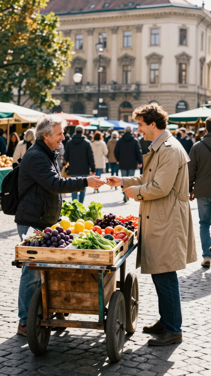 Bright Midmorning Street Scene in Budapest Hungary with Local Market Interaction in in Budapest, Hungary