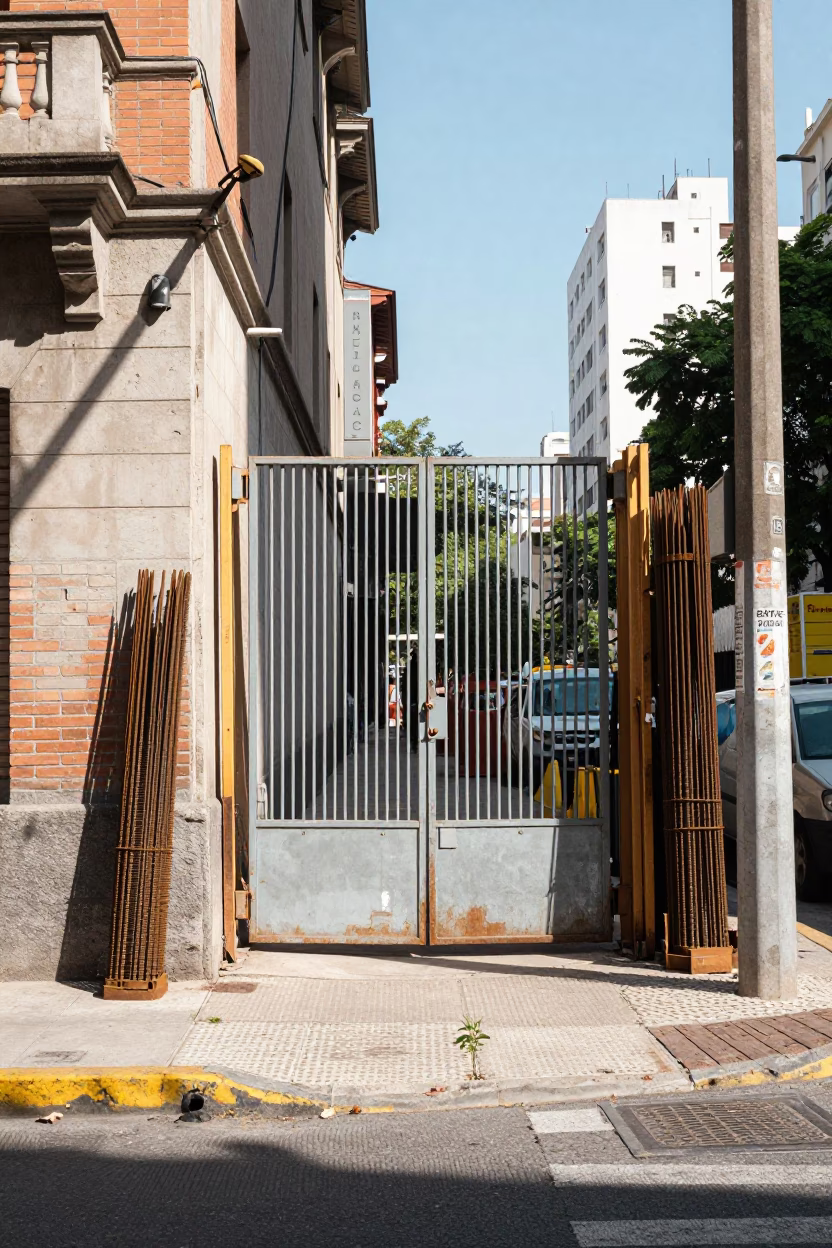 Bright Midmorning Street Scene in Buenos Aires Argentina with Construction Gate and Vintage Car in in Buenos Aires, Argentina