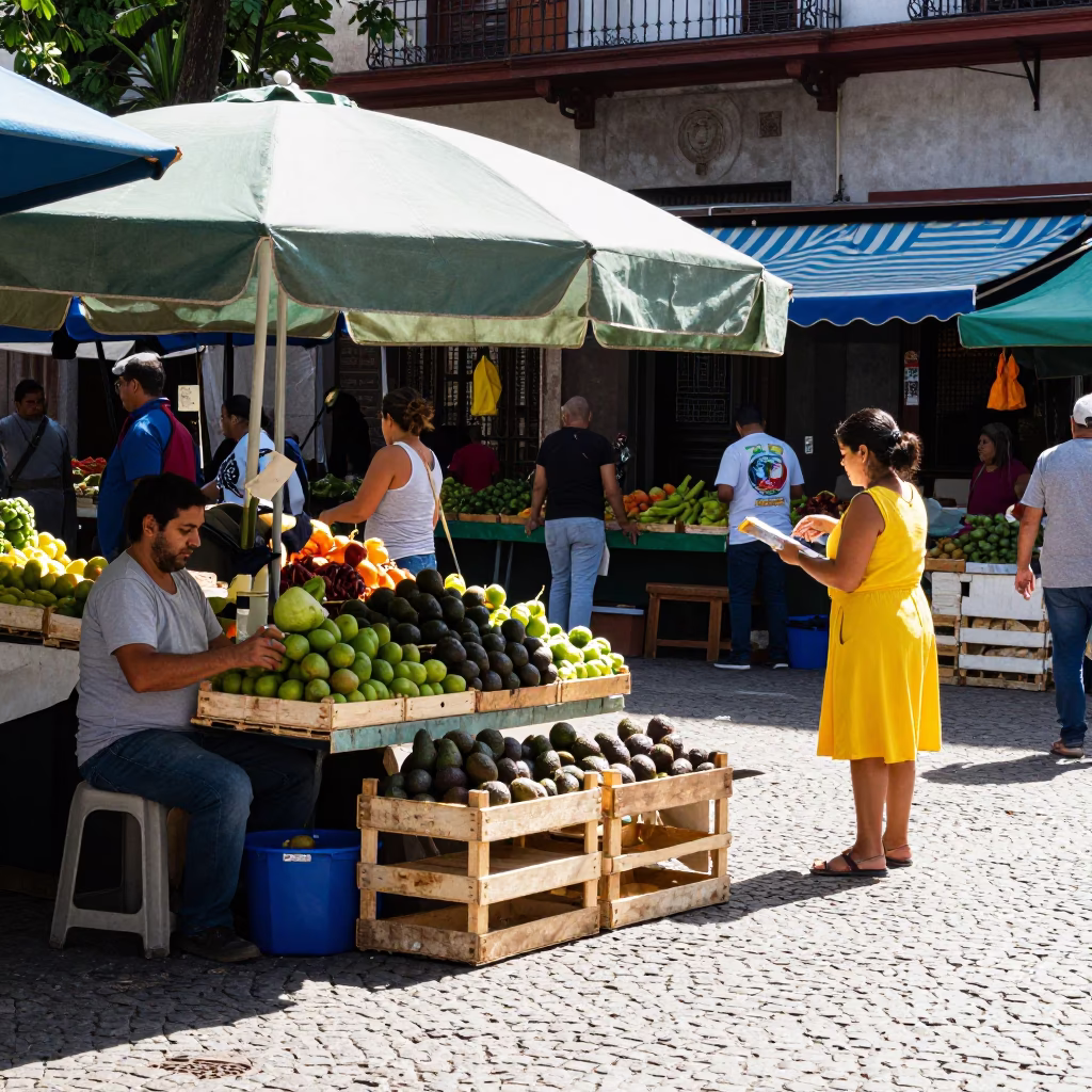 Bright Midmorning Street Scene in Buenos Aires Argentina with Local Market Details in in Buenos Aires, Argentina