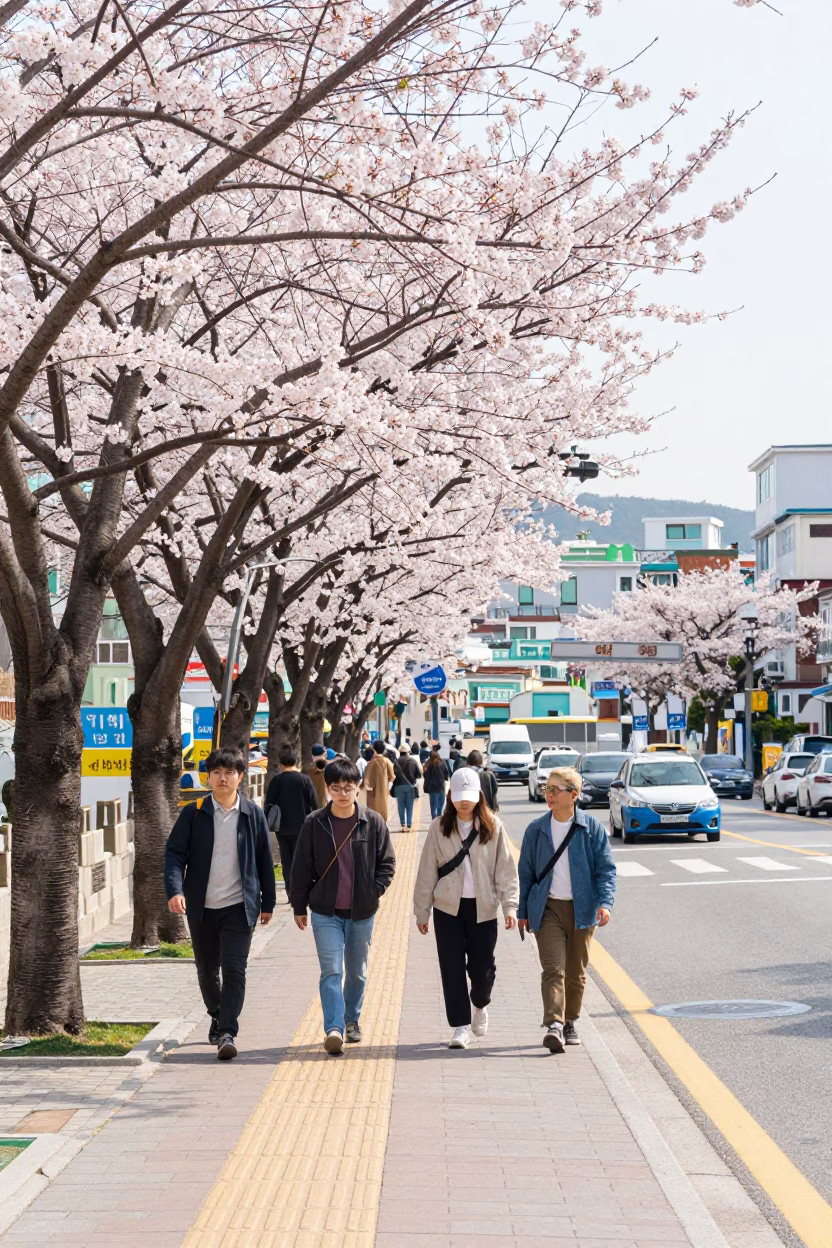 Bright Midmorning Street Scene in Busan South Korea with Cherry Trees and Canal in in Busan, South Korea