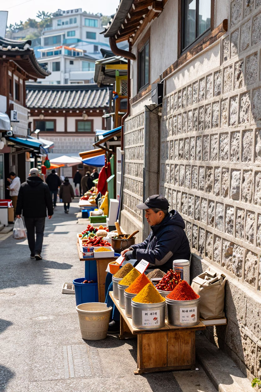 Bright Midmorning Street Scene in Busan South Korea with Local Market Activity in in Busan, South Korea