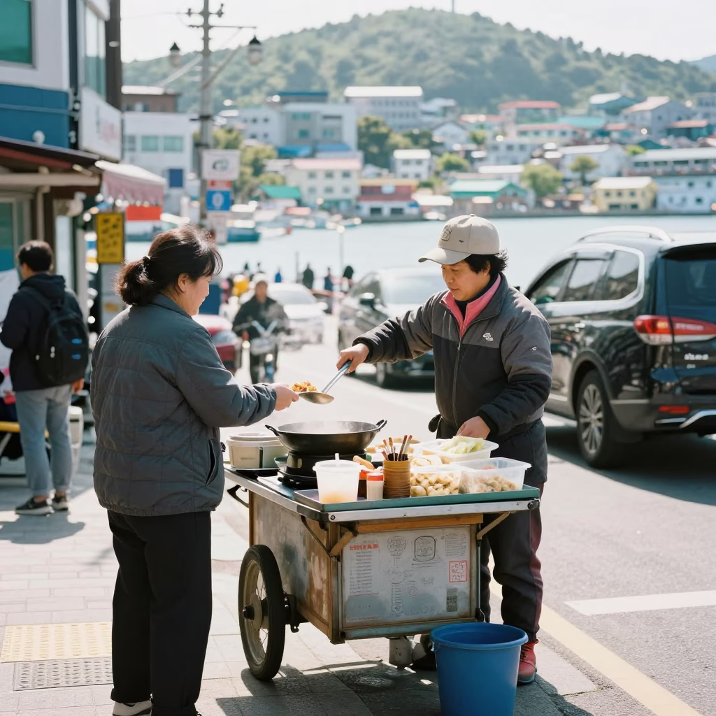 Bright Midmorning Street Scene in Busan South Korea with Local Vendor and Pedestrians in in Busan, South Korea