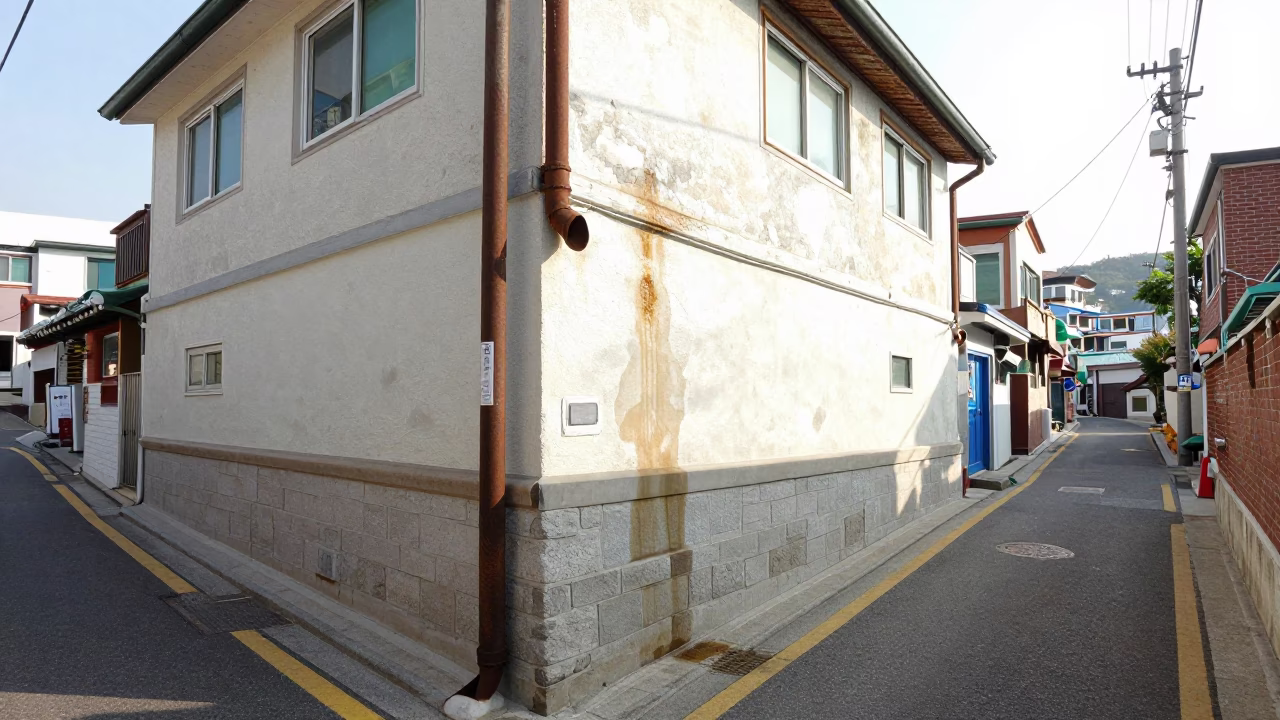 Bright Midmorning Street Scene in Busan South Korea with Water Mark on Painted Plaster in in Busan, South Korea