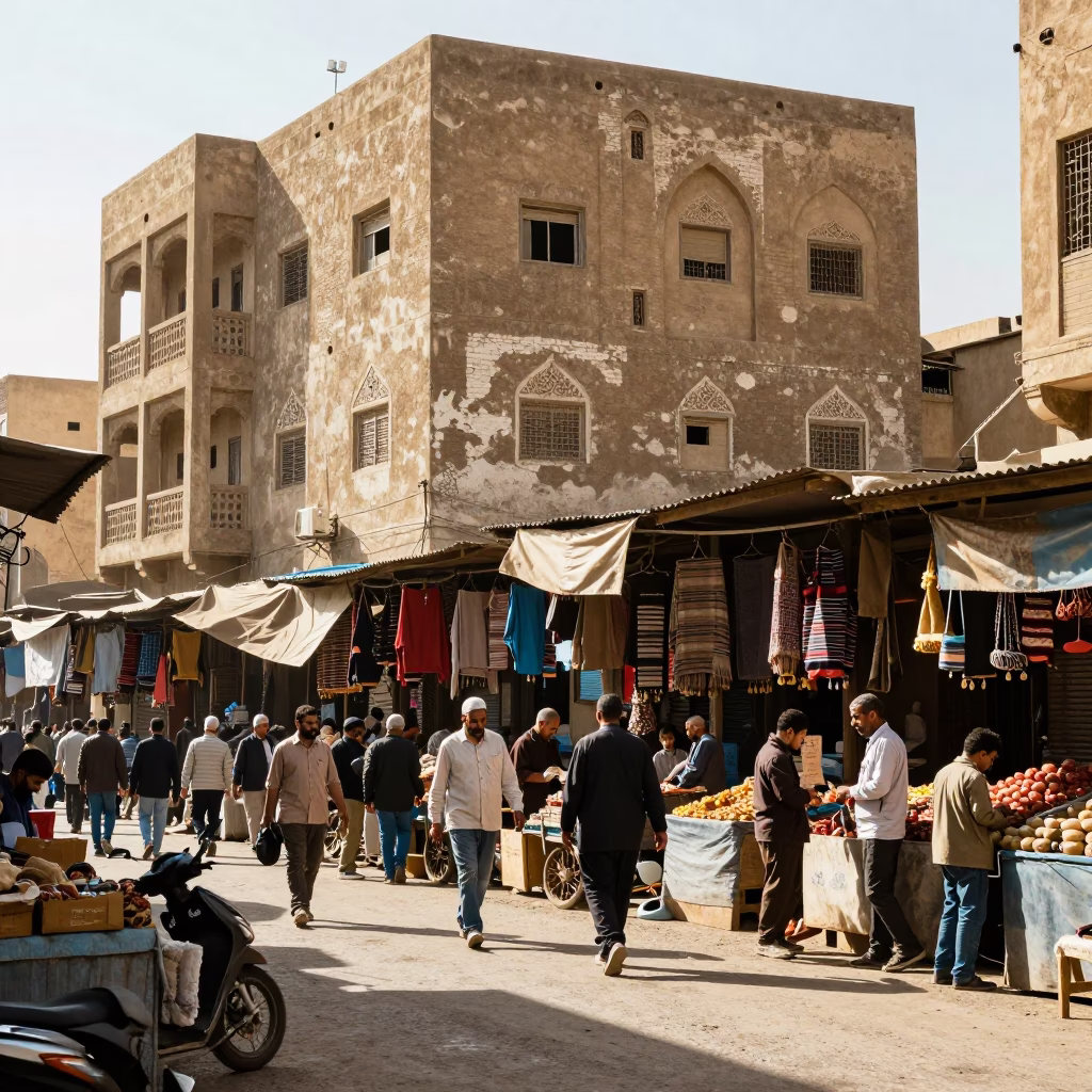 Bright Midmorning Street Scene in Cairo Egypt with Local Market Activity in in Cairo, Egypt