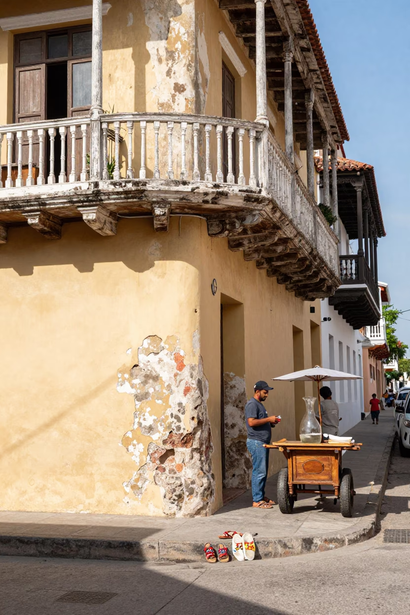 Bright Midmorning Street Scene in Cartagena Colombia with Beaded Sandals and Carafe in in Cartagena, Colombia