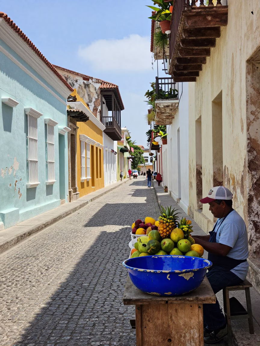 Bright Midmorning Street Scene in Cartagena Colombia with Chipped Blue Enamel Detail in in Cartagena, Colombia