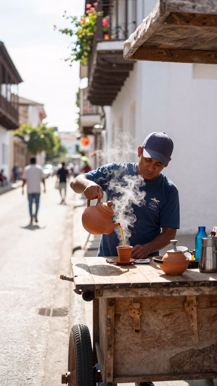 Bright Midmorning Street Scene in Cartagena Colombia with Clay Teapot and Brushed Steel Hinge in in Cartagena, Colombia