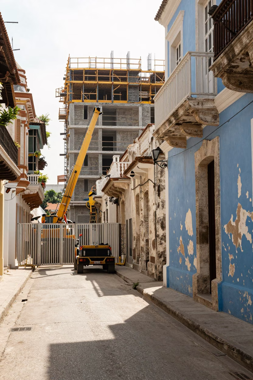 Bright Midmorning Street Scene in Cartagena Colombia with Construction and Urban Details in in Cartagena, Colombia