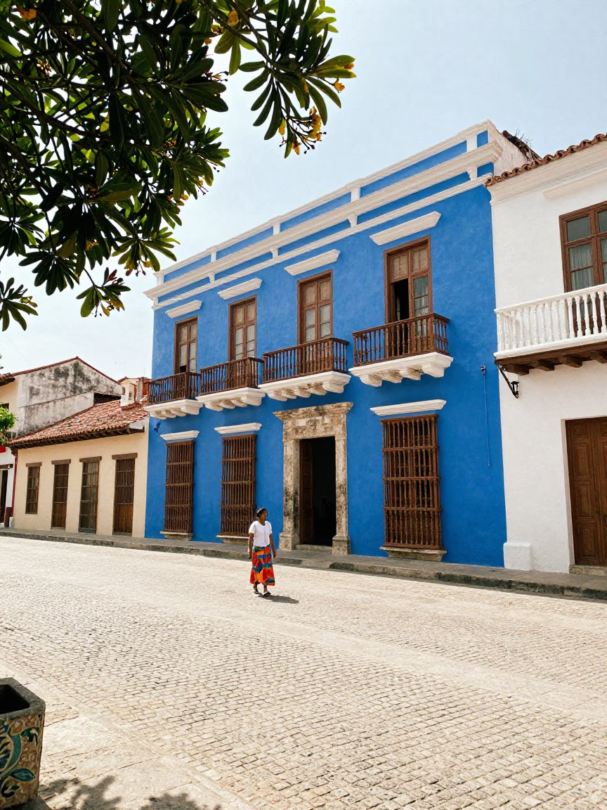 Bright Midmorning Street Scene in Cartagena Colombia with Frangipani Branch in in Cartagena, Colombia