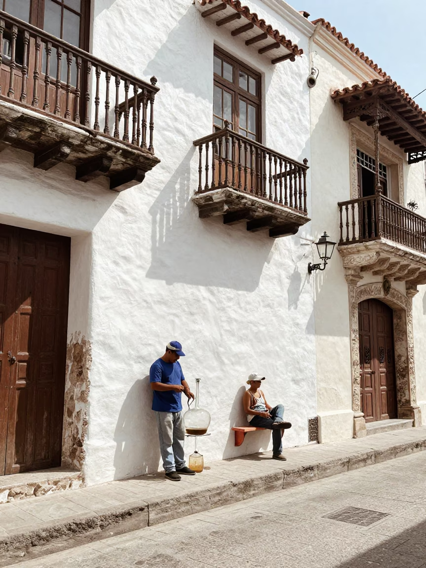 Bright Midmorning Street Scene in Cartagena Colombia with Glass Carafe and Colorful Architecture in in Cartagena, Colombia