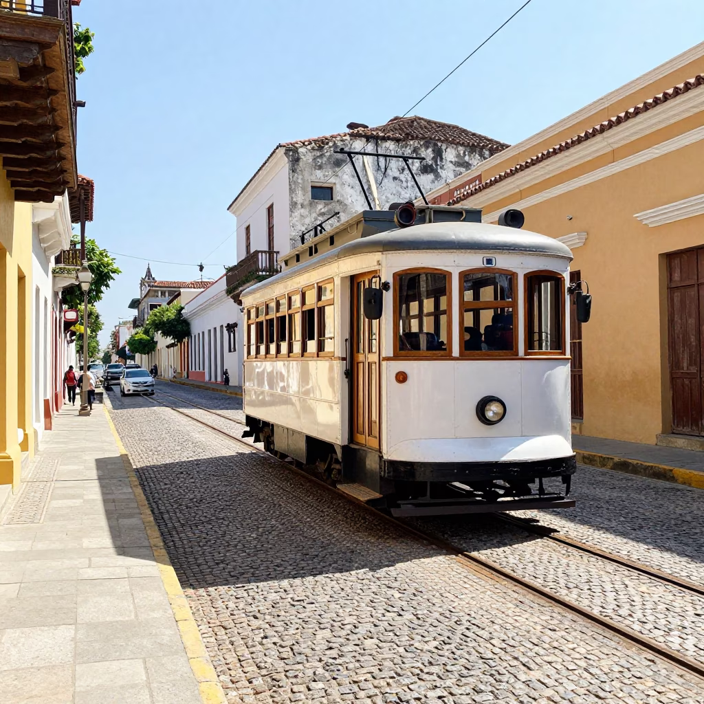 Bright Midmorning Street Scene in Cartagena Colombia with Heritage Tram and Cobblestone Avenue in in Cartagena, Colombia