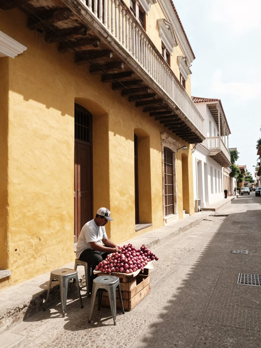 Bright Midmorning Street Scene in Cartagena Colombia with Metal Stools and Onions in in Cartagena, Colombia