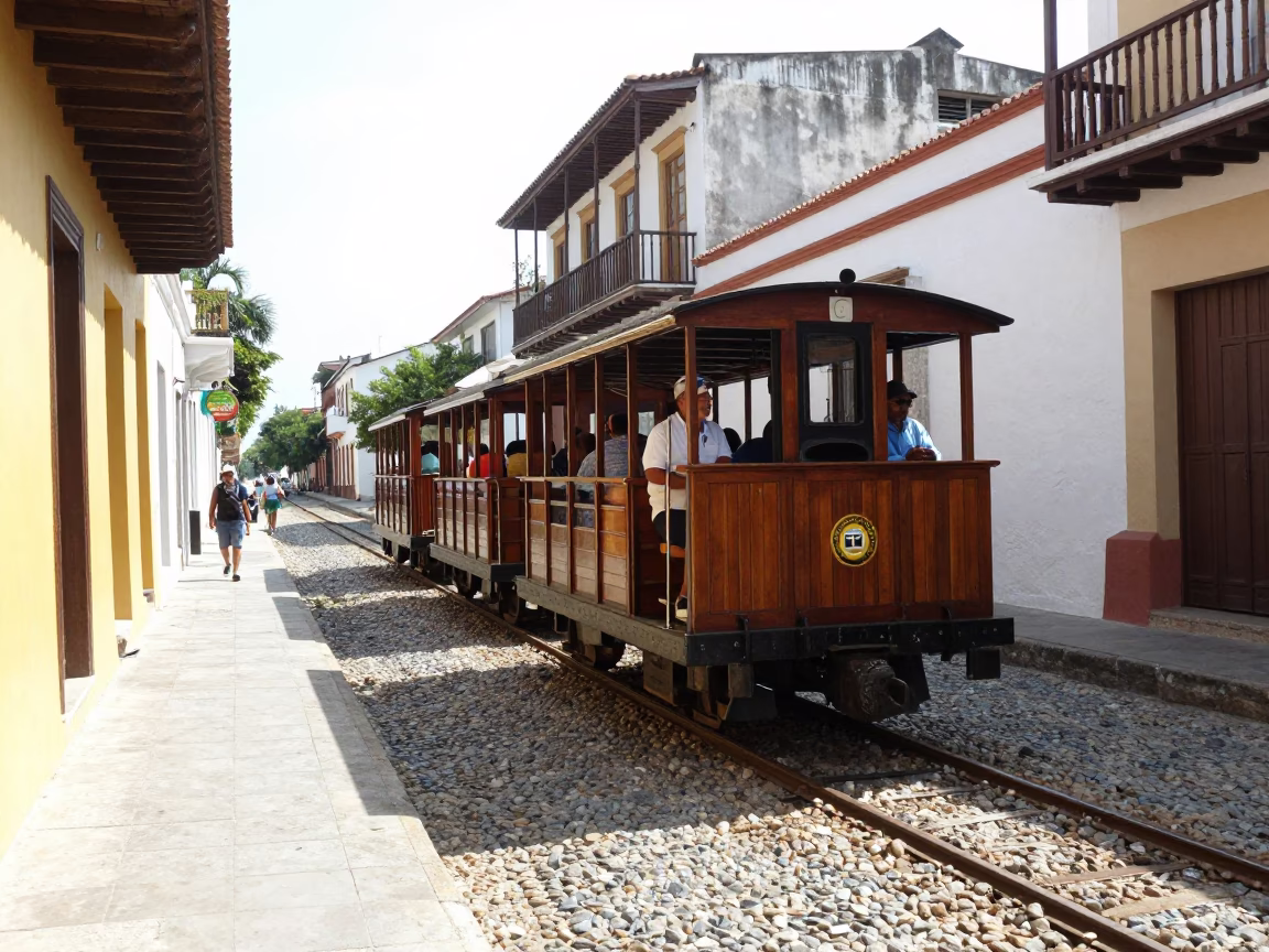 Bright Midmorning Street Scene in Cartagena Colombia with Narrow Gauge Train in in Cartagena, Colombia