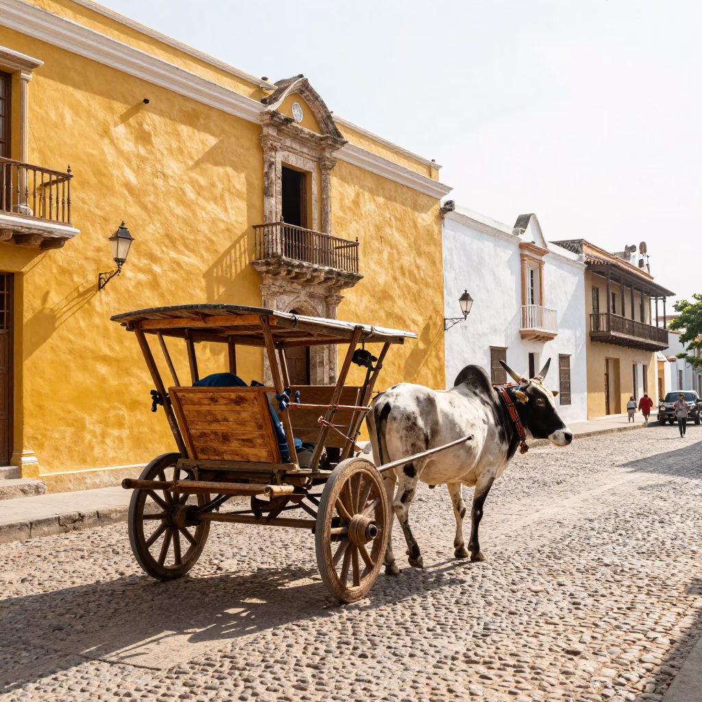 Bright Midmorning Street Scene in Cartagena Colombia with Ox Cart on Dusty Road in in Cartagena, Colombia