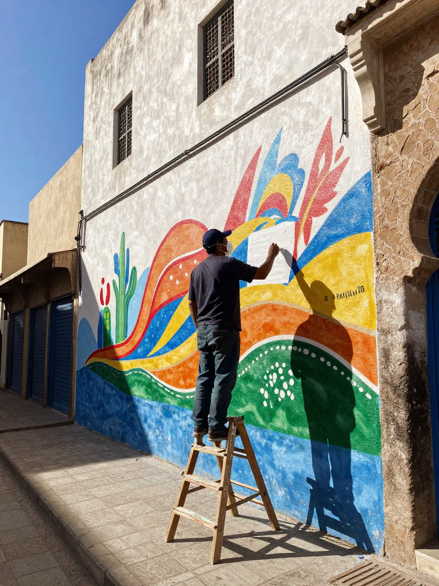 Bright Midmorning Street Scene in Casablanca Morocco with Artist Painting Mural in in Casablanca, Morocco