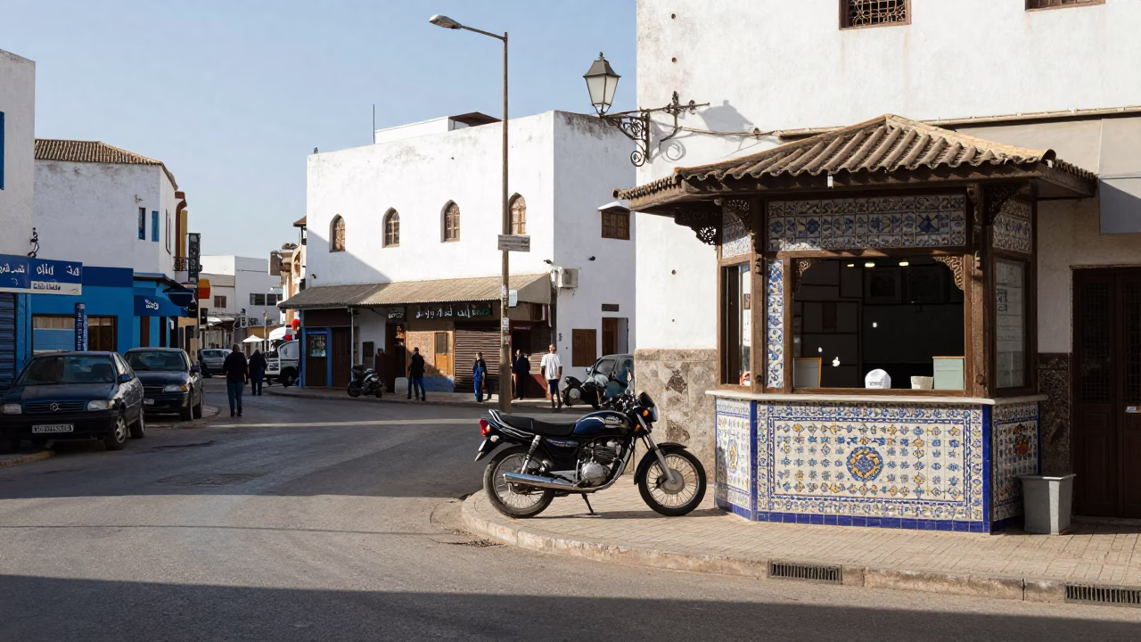 Bright Midmorning Street Scene in Casablanca Morocco with Motorcycle and Urban Details in in Casablanca, Morocco