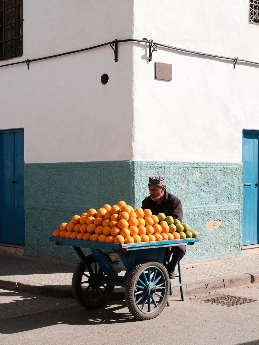 Bright Midmorning Street Scene in Casablanca Morocco with Oranges and Junk Boat in in Casablanca, Morocco