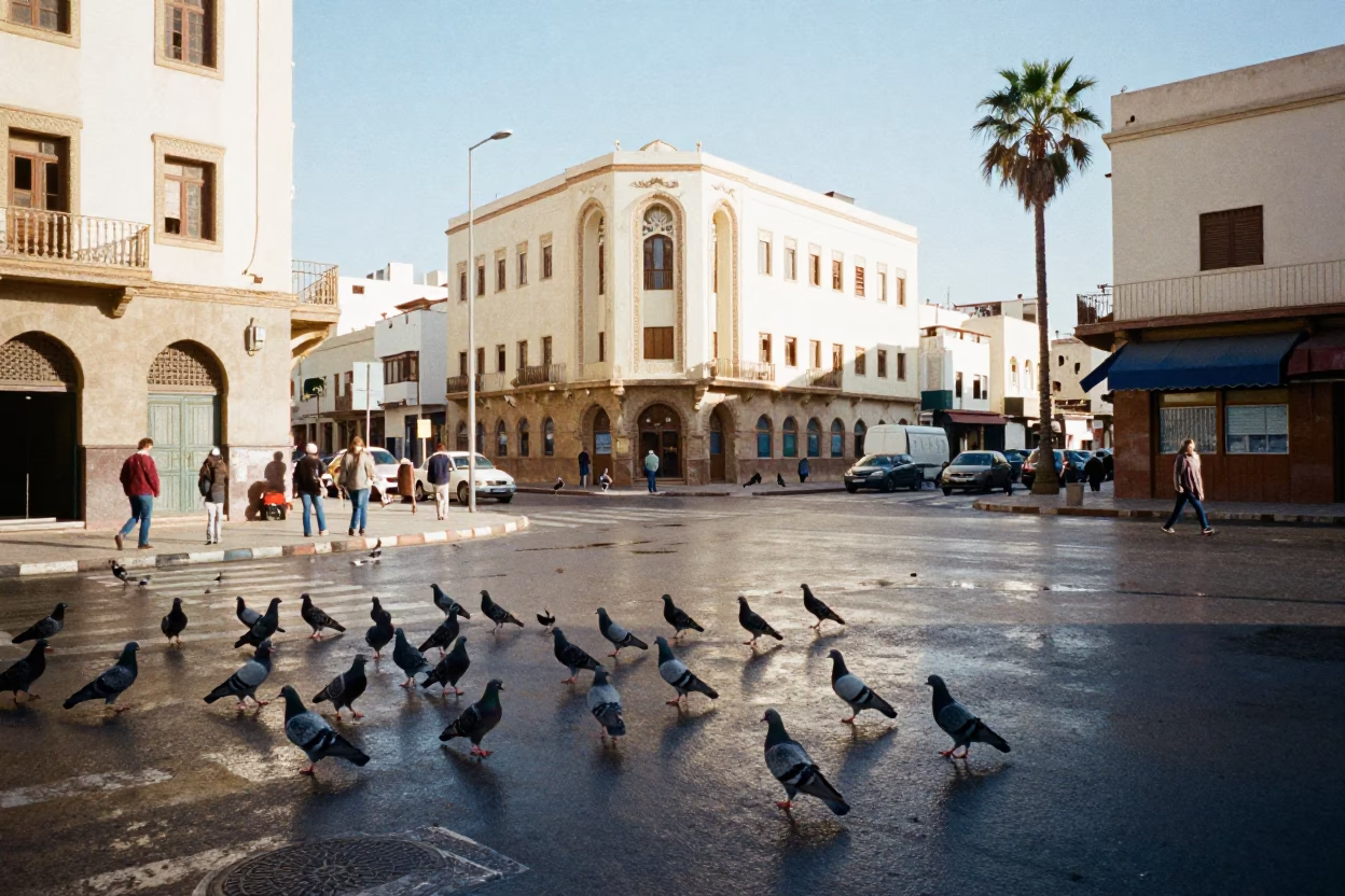 Bright Midmorning Street Scene in Casablanca Morocco with Pigeons and Urban Details in in Casablanca, Morocco