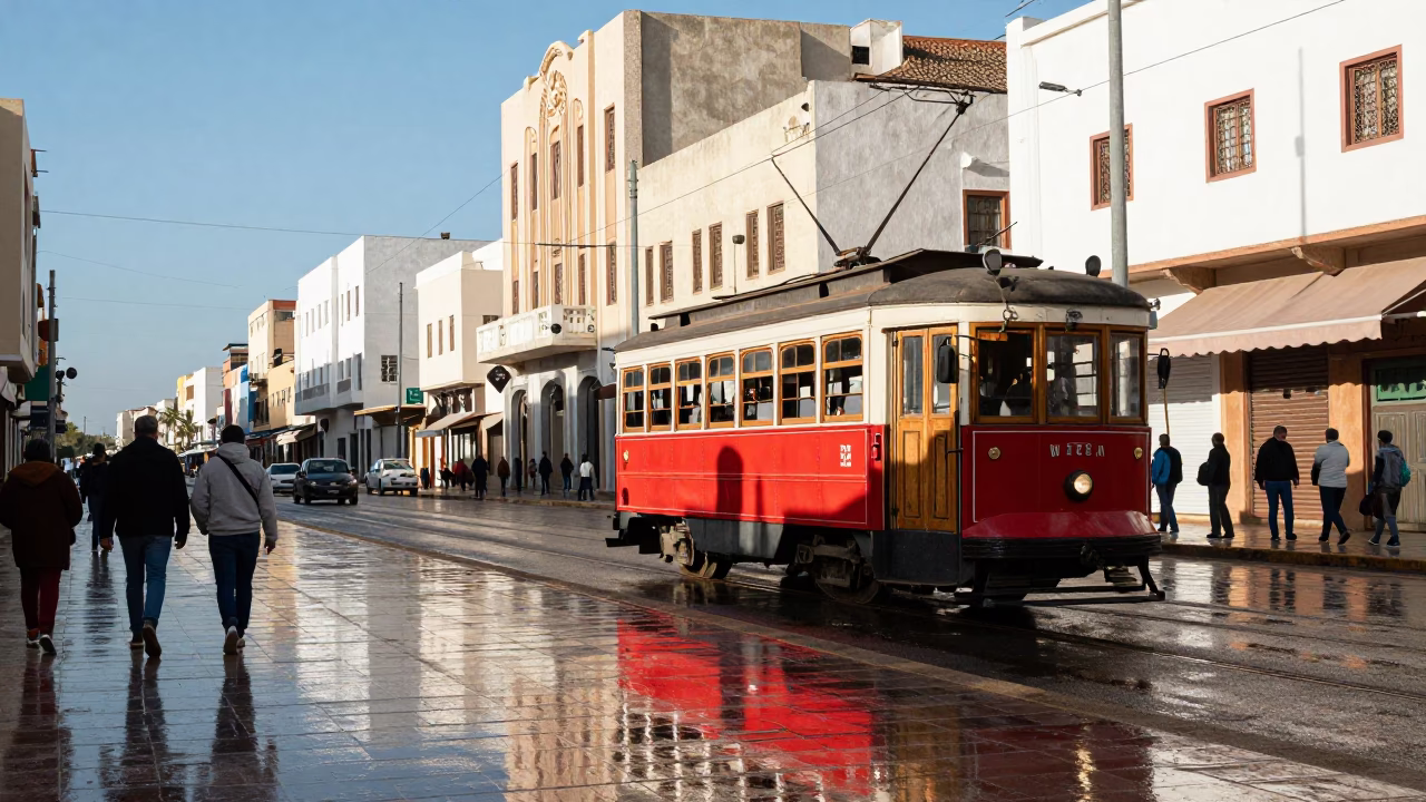 Bright Midmorning Street Scene in Casablanca Morocco with Tramcar Reflection on Wet Cobblestones in in Casablanca, Morocco