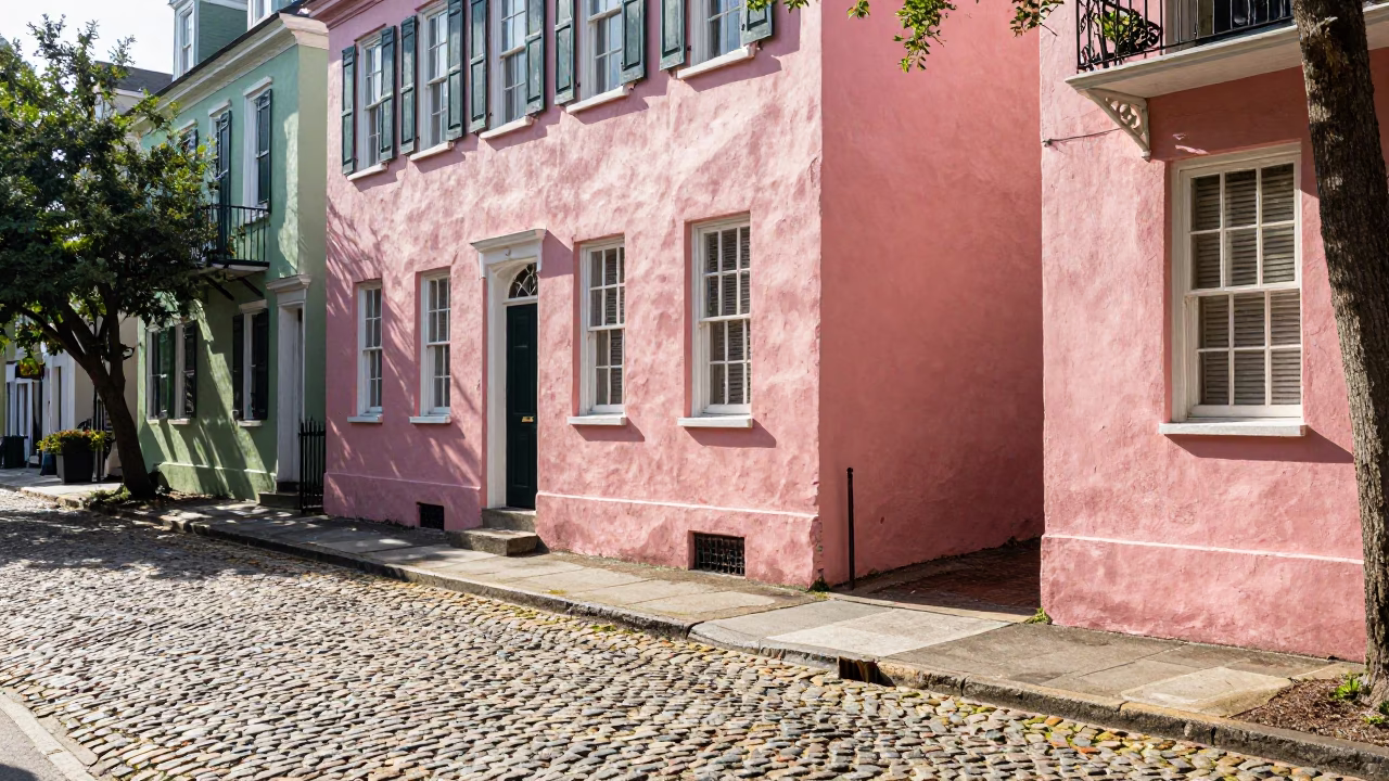 Bright Midmorning Street Scene in Charleston South Carolina with Cobblestones and Historic Architecture in in Charleston, South Carolina, United States