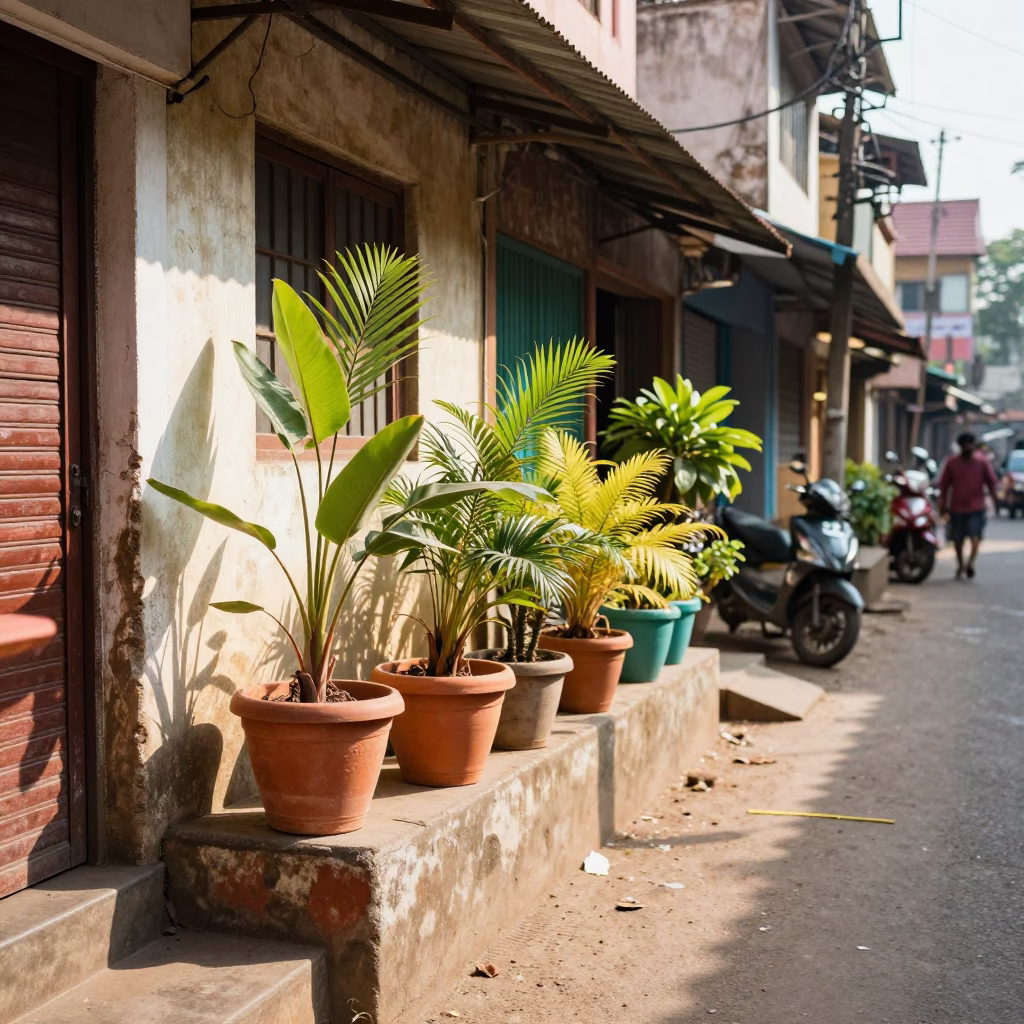 Bright Midmorning Street Scene in Chennai India with Colorful Plant Pots and Geraniums in in Chennai, India