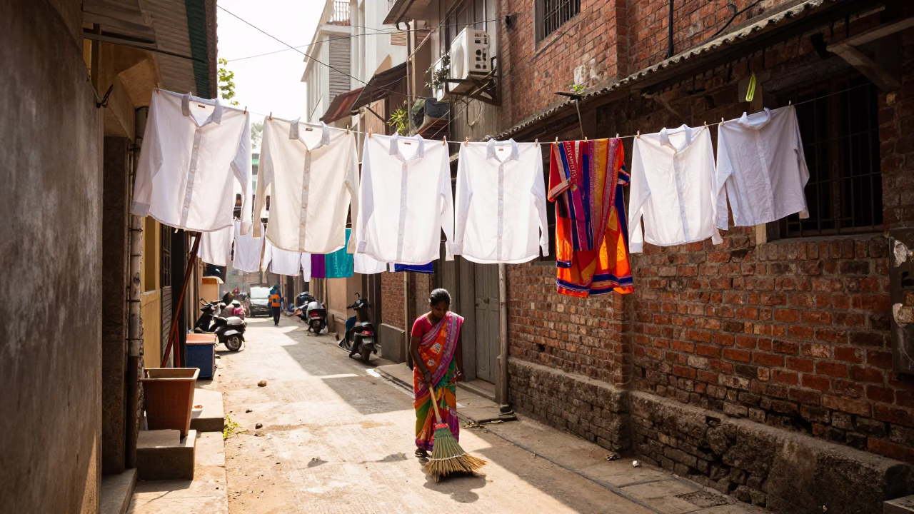 Bright Midmorning Street Scene in Chennai India with Hanging Laundry in in Chennai, India