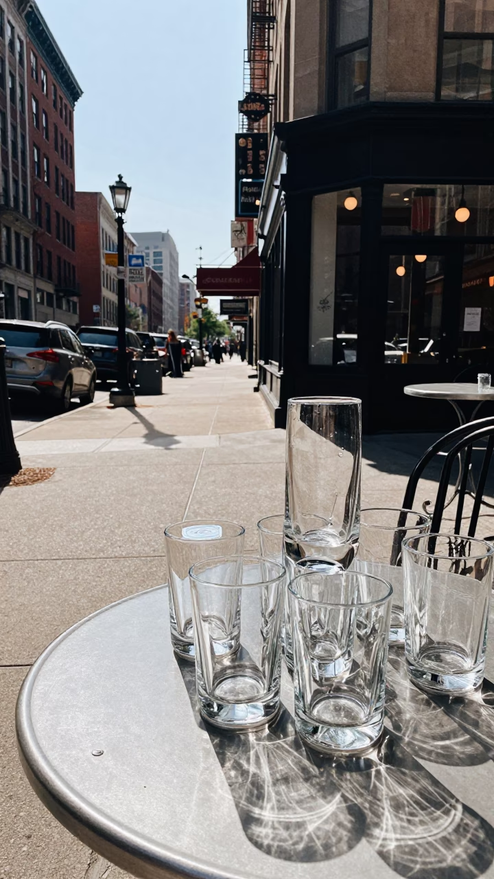 Bright Midmorning Street Scene in Chicago Illinois with Glass Tumblers and Urban Details in in Chicago, Illinois, United States