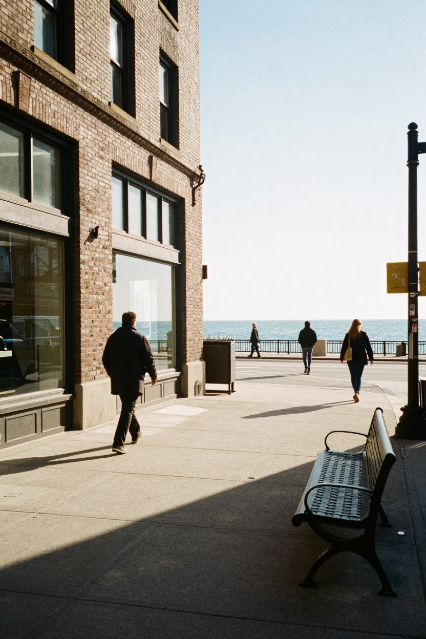 Bright Midmorning Street Scene in Chicago Illinois with Urban Details and Pedestrian Activity in in Chicago, Illinois, United States