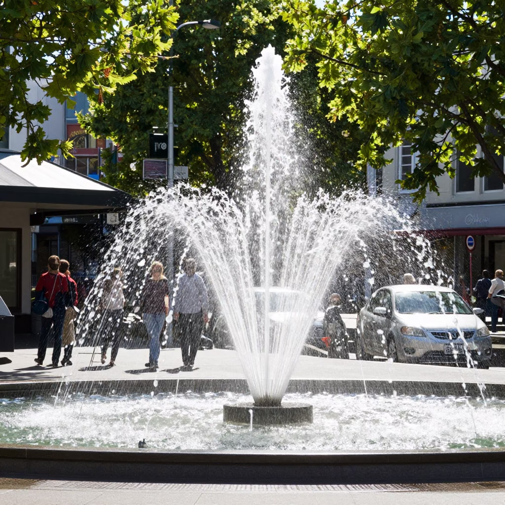 Bright Midmorning Street Scene in Christchurch New Zealand with Fountain Spray and Wicker Shadow in in Christchurch, New Zealand