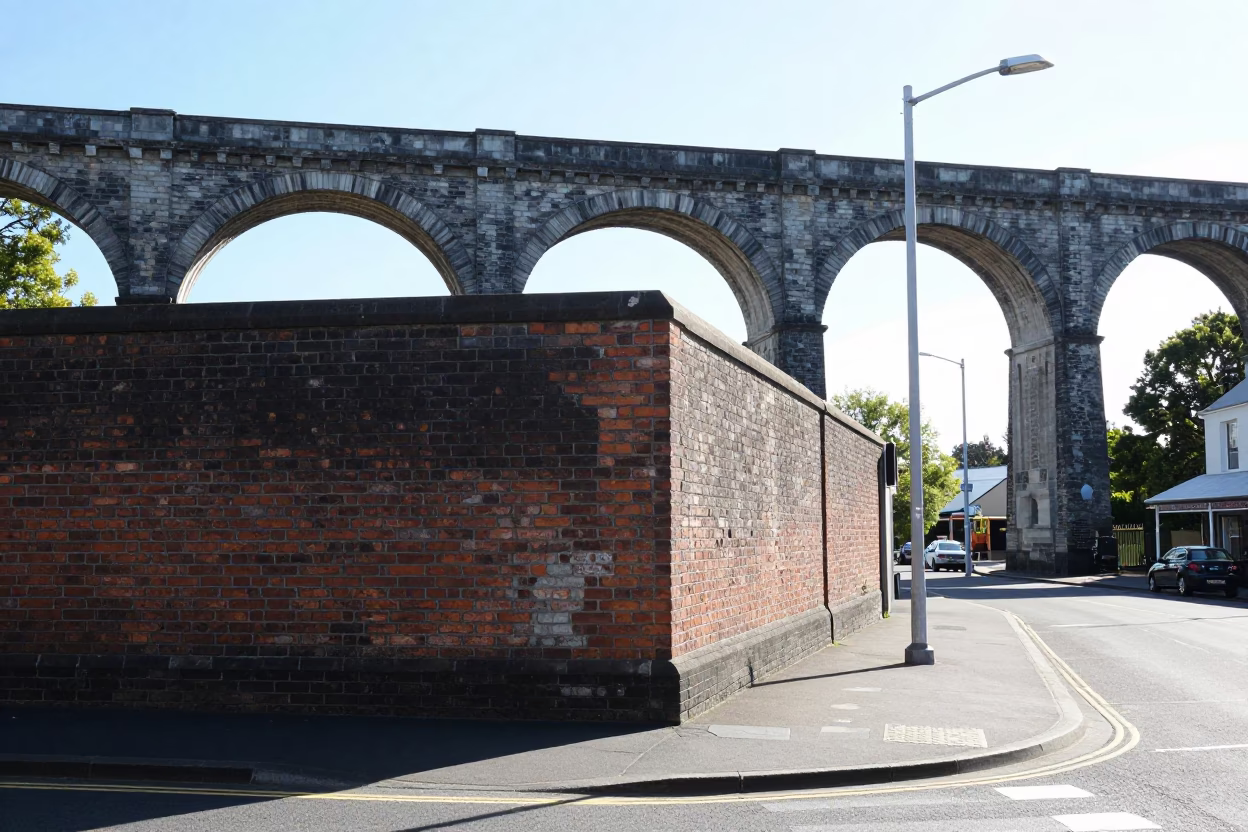 Bright Midmorning Street Scene in Christchurch New Zealand with Heritage Railway Viaduct in in Christchurch, New Zealand