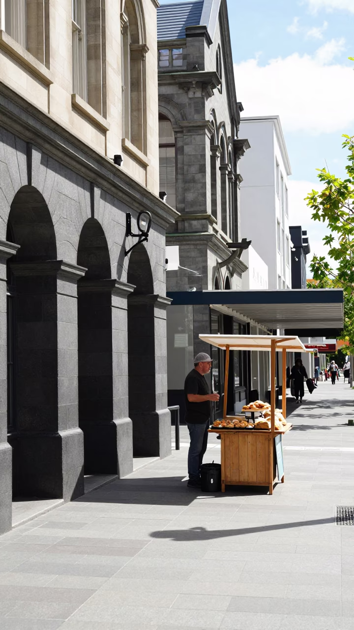 Bright Midmorning Street Scene in Christchurch New Zealand with Pastries and Drinking Vessel in in Christchurch, New Zealand