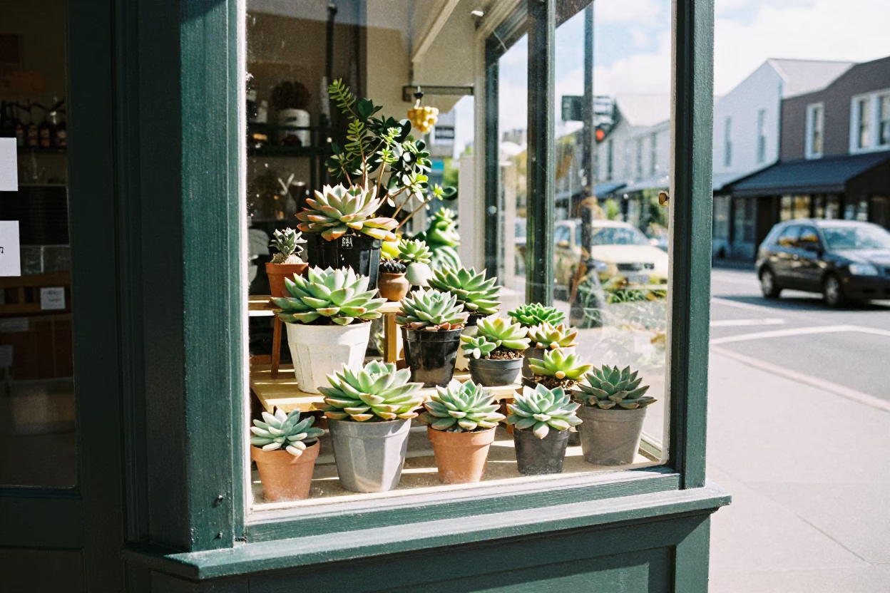 Bright Midmorning Street Scene in Christchurch New Zealand with Potted Succulents in in Christchurch, New Zealand