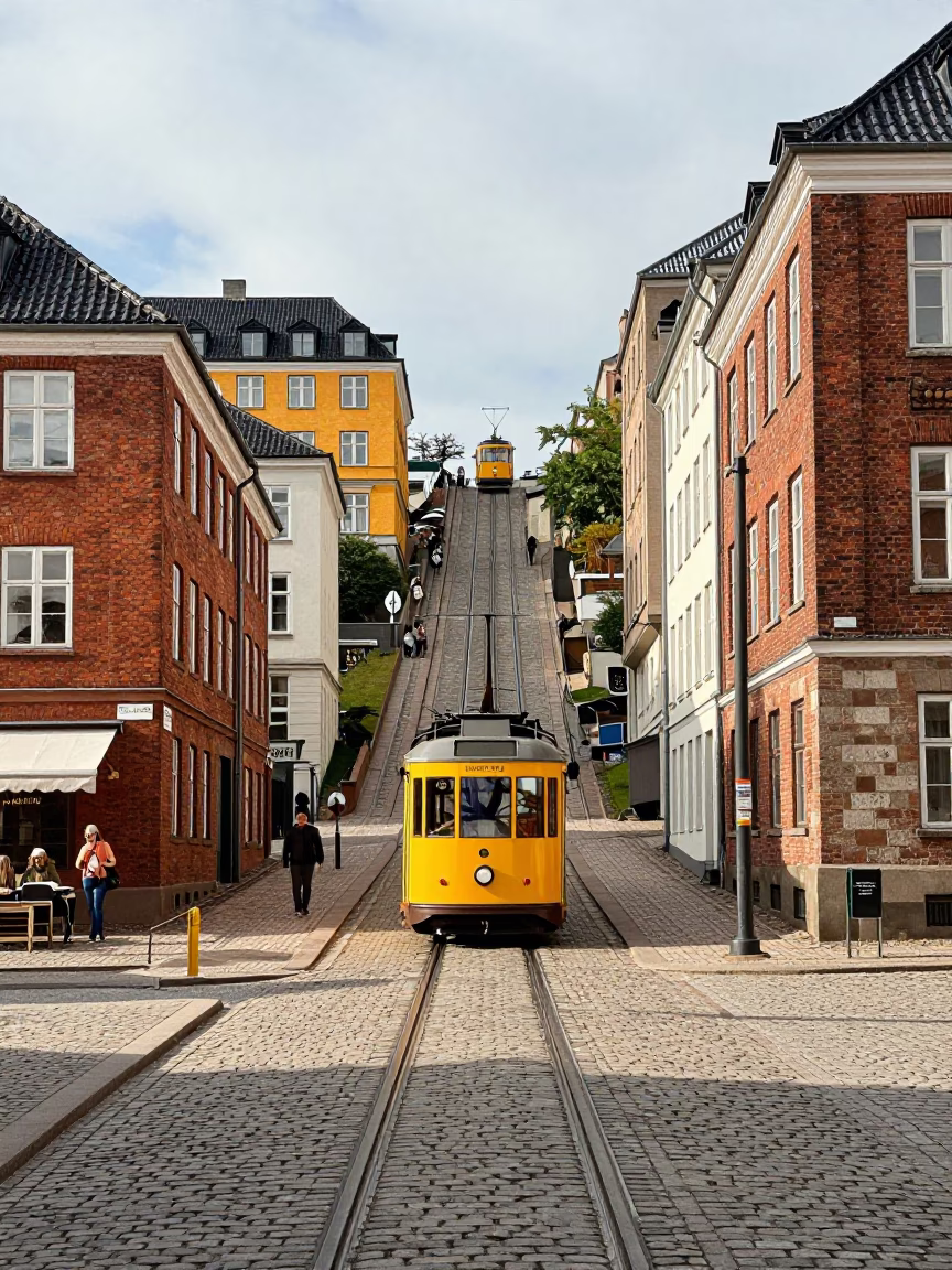 Bright Midmorning Street Scene in Copenhagen Denmark with Funicular and Urban Details in in Copenhagen, Denmark