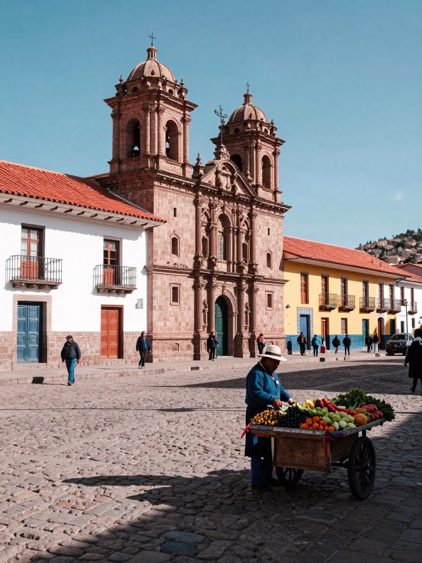 Bright Midmorning Street Scene in Cusco Peru with Colorful Andean Architecture in in Cusco, Peru