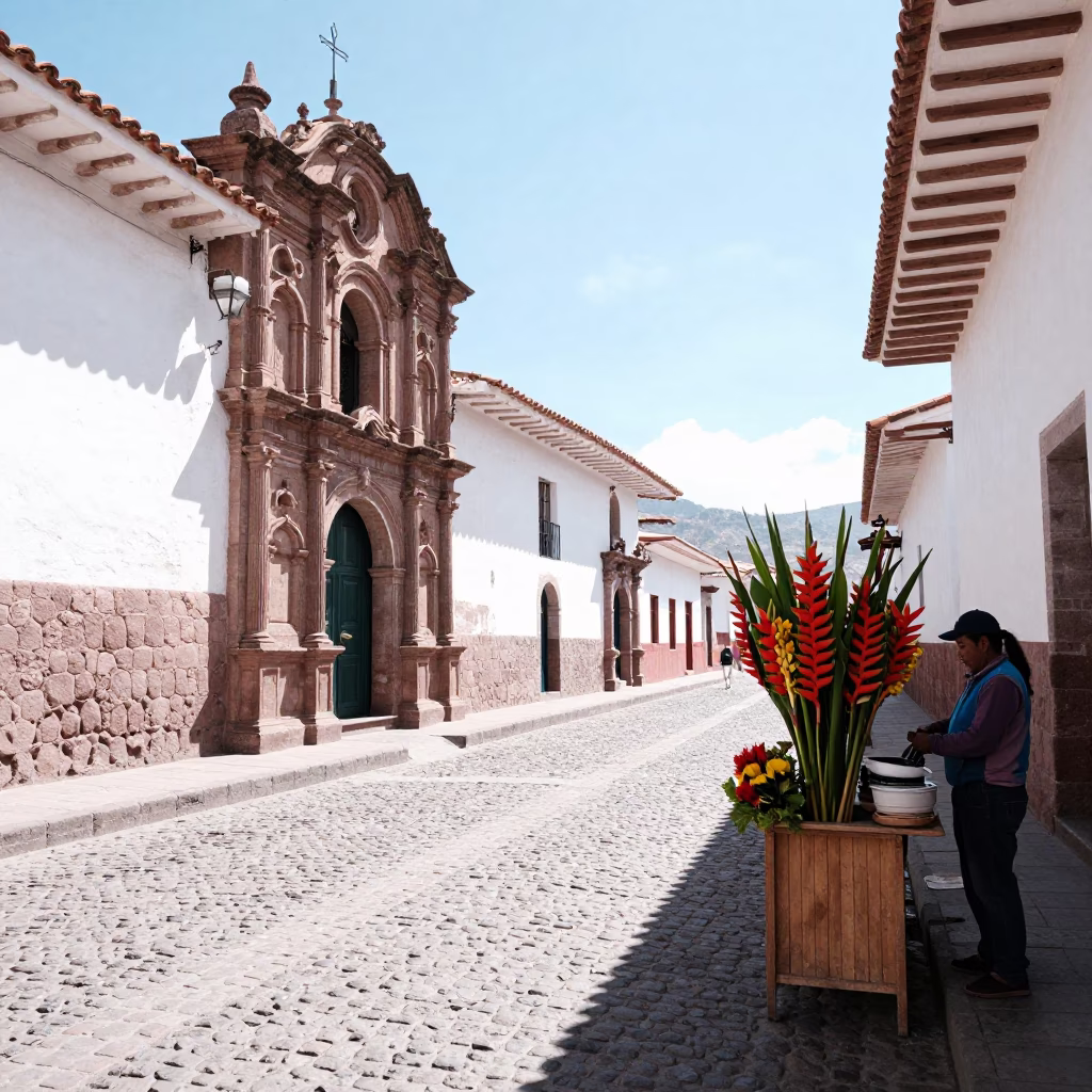 Bright Midmorning Street Scene in Cusco Peru with Heliconia Flowers in in Cusco, Peru