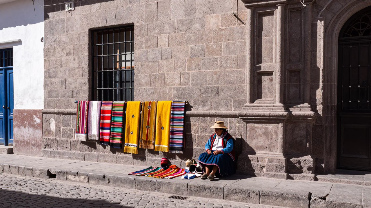 Bright Midmorning Street Scene in Cusco Peru with Traditional Andean Textiles and Colonial Architecture in in Cusco, Peru