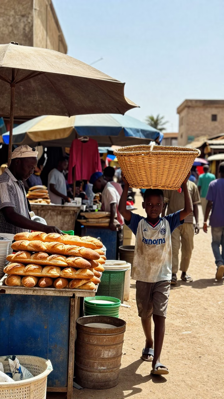 Bright Midmorning Street Scene in Dakar Senegal with Colorful Local Market Activity in in Dakar, Senegal