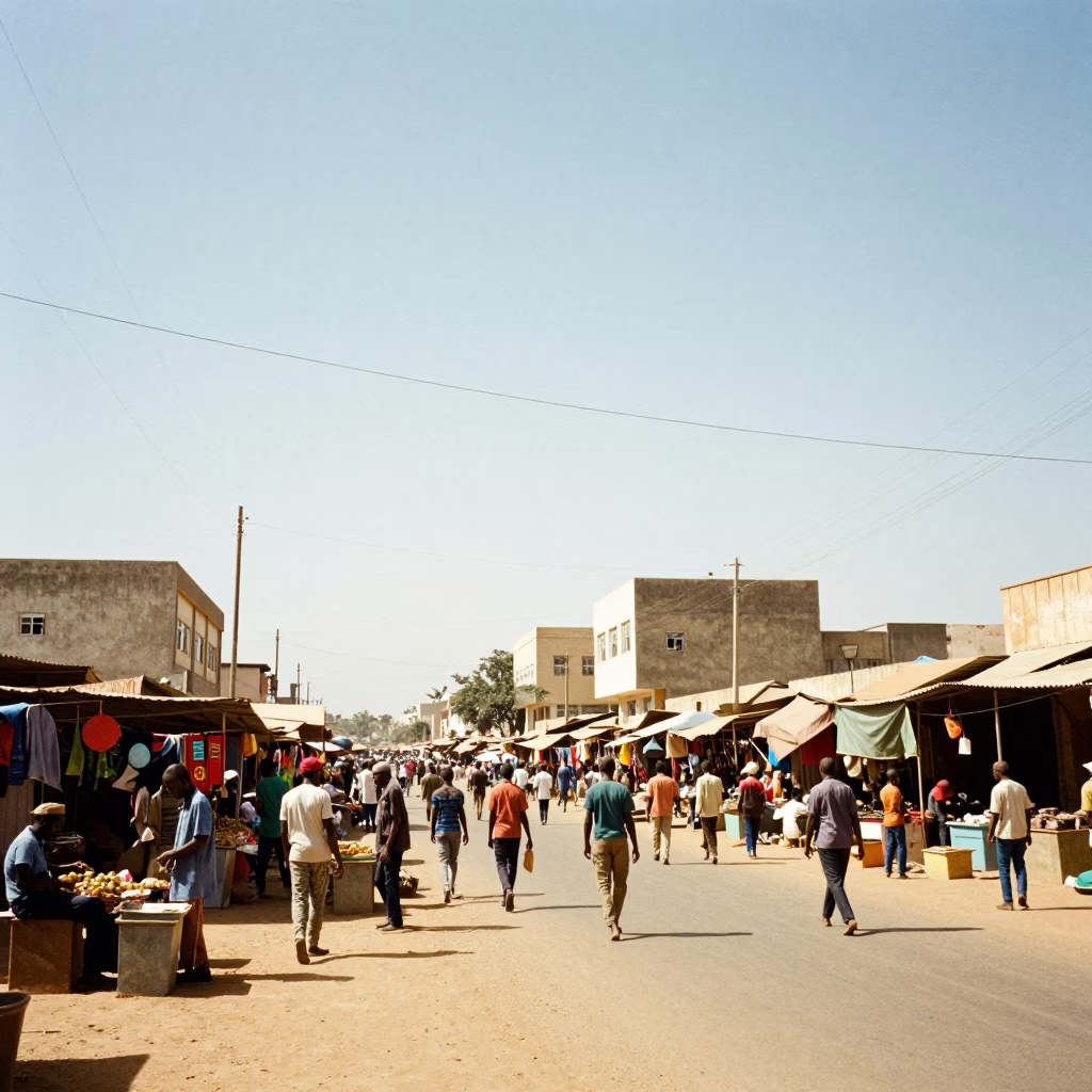 Bright Midmorning Street Scene in Dakar Senegal with Local Market Activity and Urban Infrastructure in in Dakar, Senegal